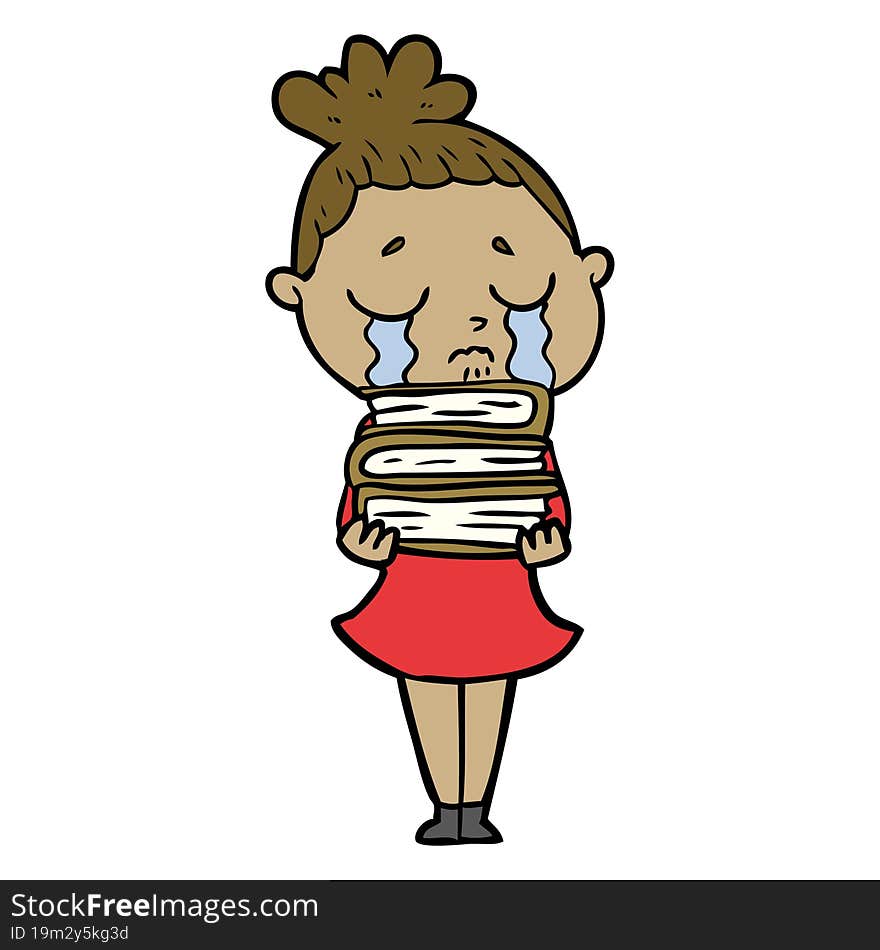 cartoon crying woman with stack of books. cartoon crying woman with stack of books