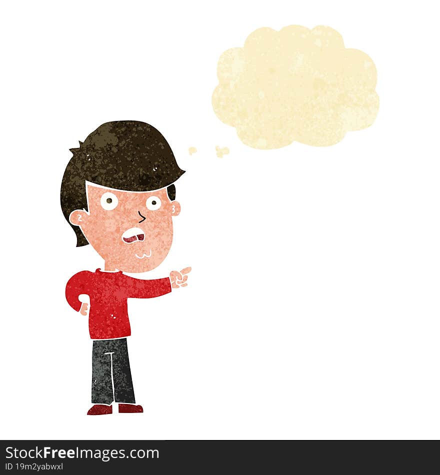 cartoon shocked man pointing with thought bubble