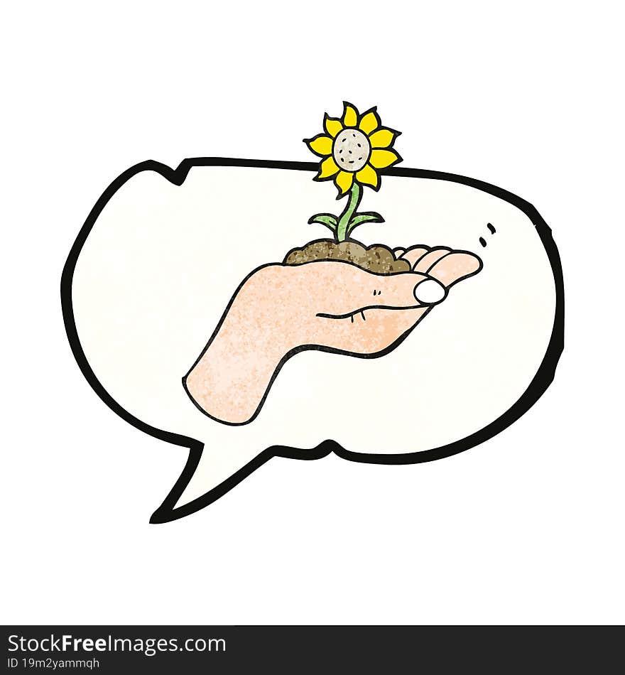 freehand speech bubble textured cartoon flower growing in palm of hand