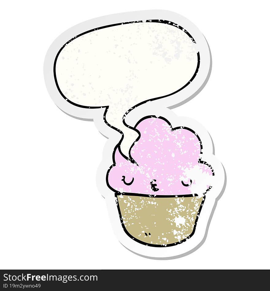 cartoon cupcake and face and speech bubble distressed sticker