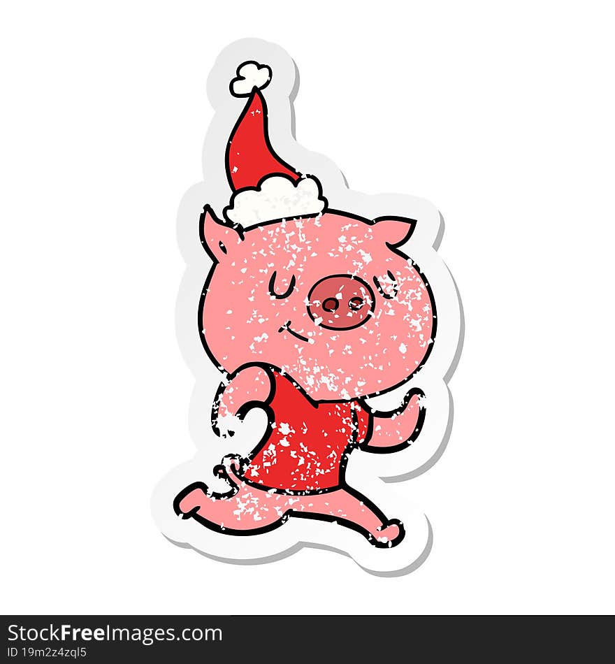 happy distressed sticker cartoon of a pig running wearing santa hat