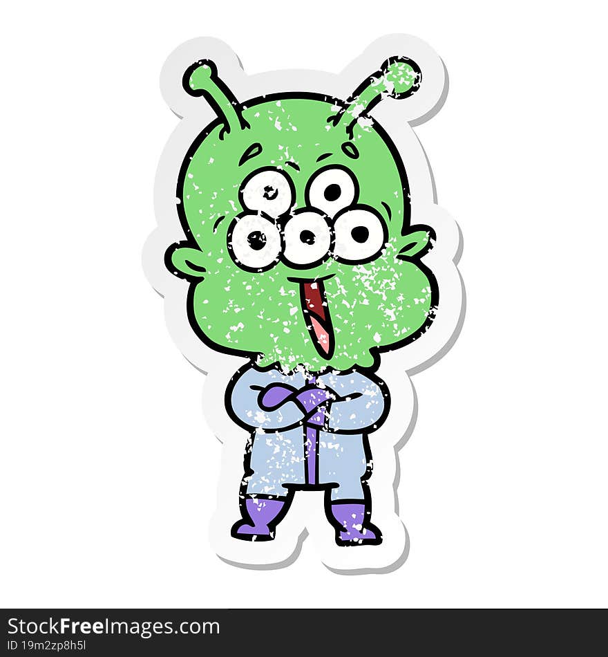 distressed sticker of a happy cartoon alien