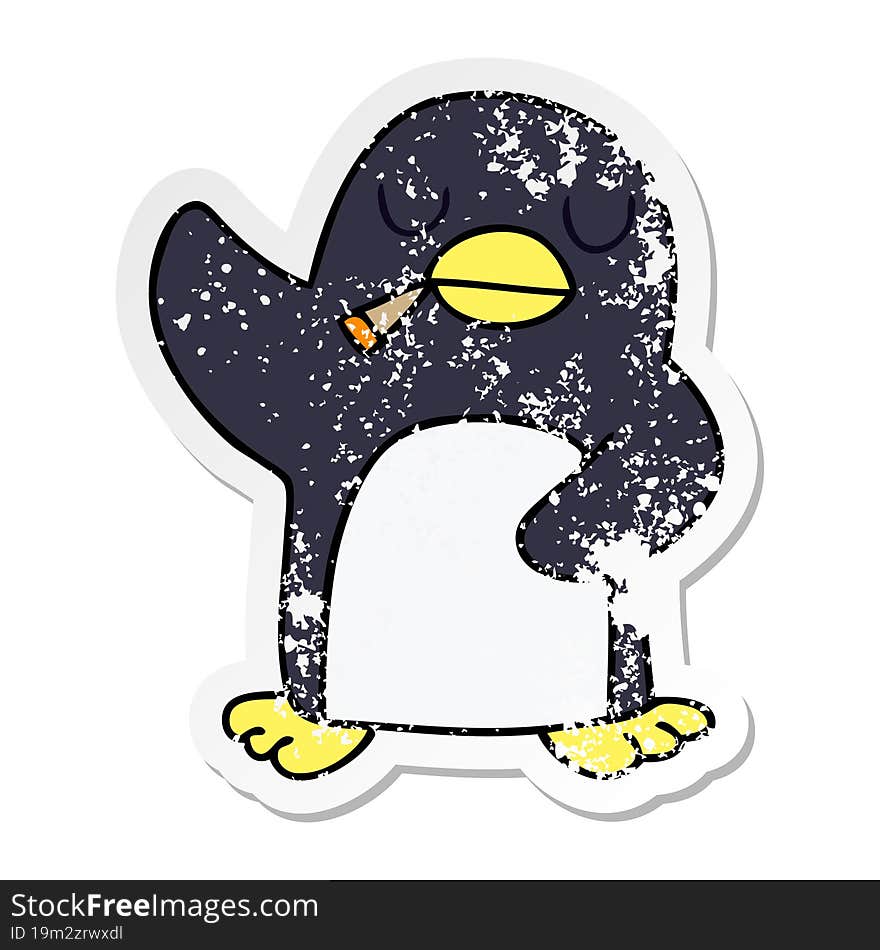 distressed sticker of a quirky hand drawn cartoon penguin