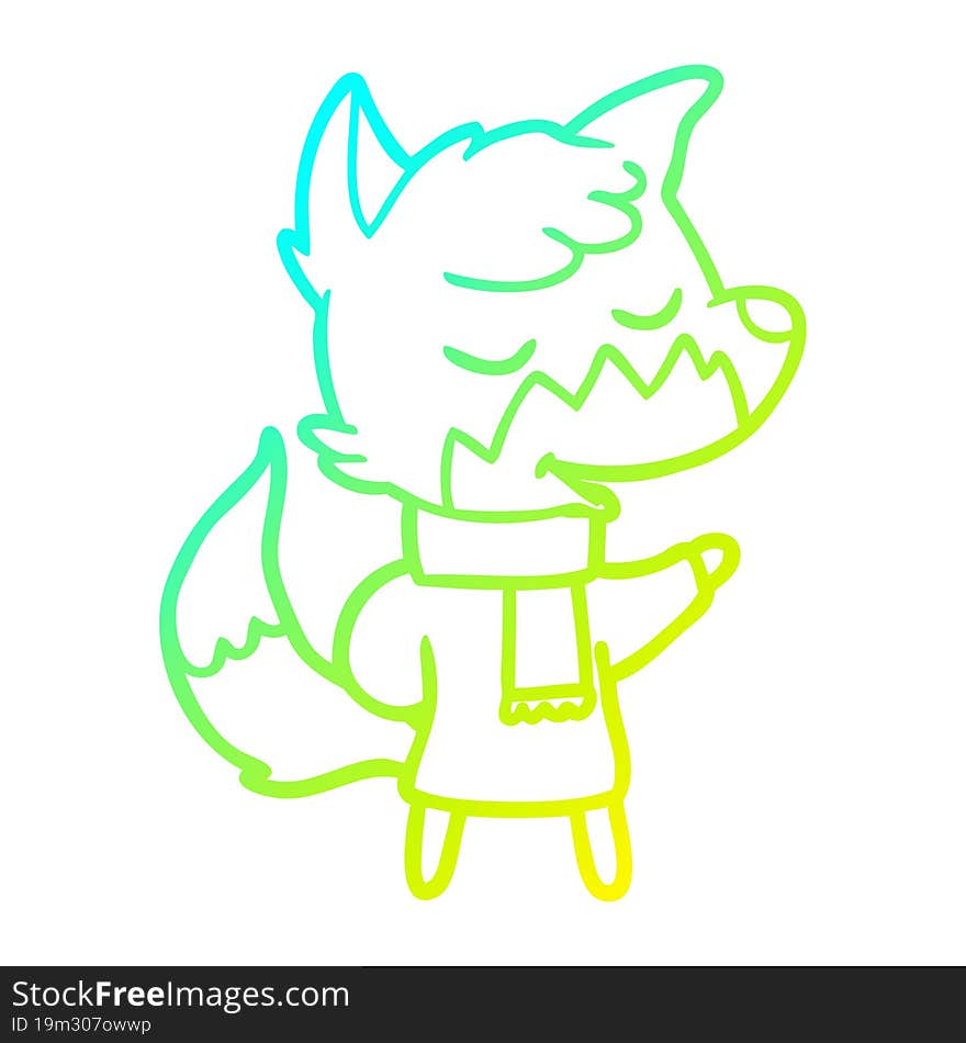 cold gradient line drawing friendly cartoon fox in winter clothes