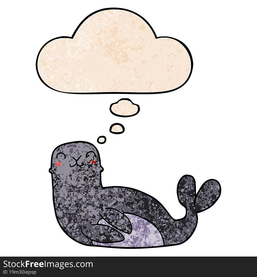 cartoon seal and thought bubble in grunge texture pattern style