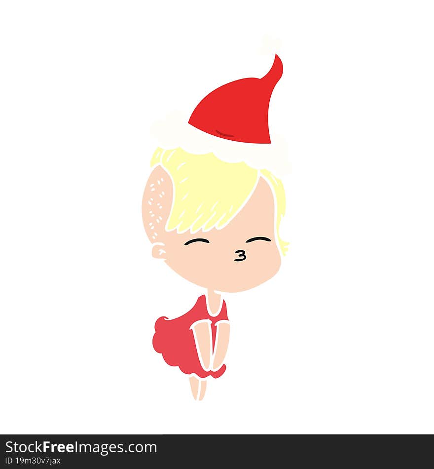 hand drawn flat color illustration of a squinting girl in dress wearing santa hat