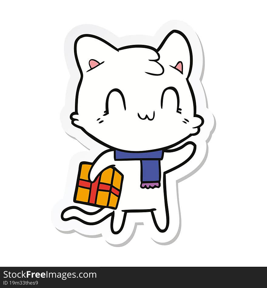 sticker of a cartoon happy cat wearing scarf