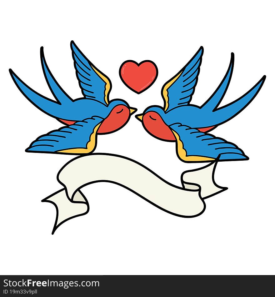 traditional tattoo with banner of swallows and a heart. traditional tattoo with banner of swallows and a heart