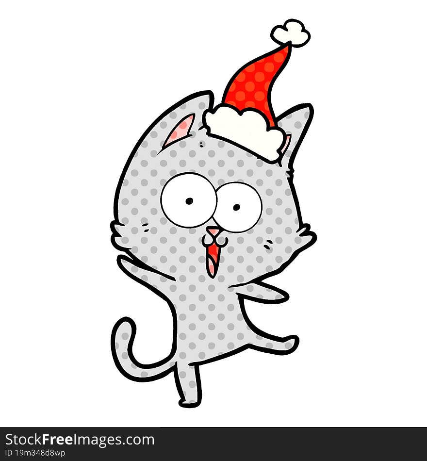 funny comic book style illustration of a cat wearing santa hat