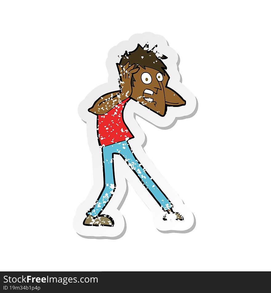 retro distressed sticker of a cartoon man panicking