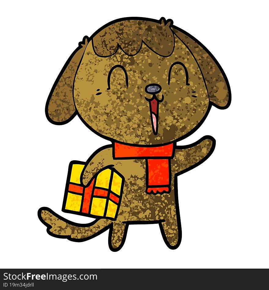 cute cartoon dog with christmas present. cute cartoon dog with christmas present