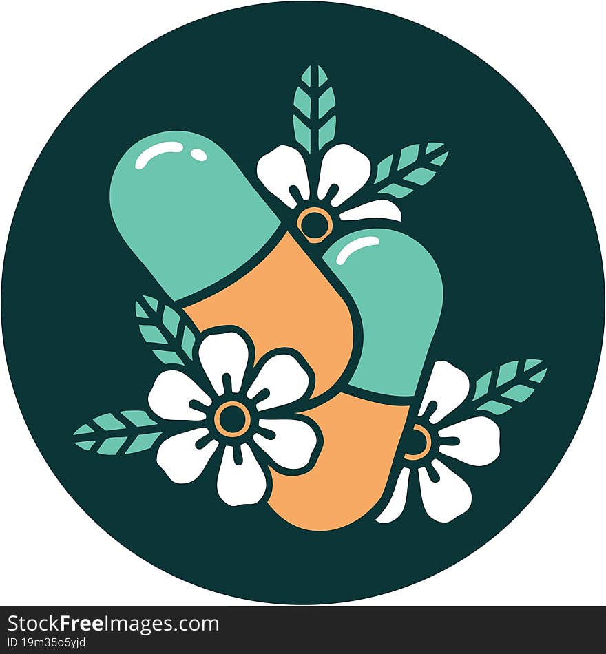 tattoo style icon of pills and flowers