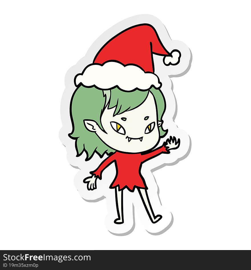 sticker cartoon of a friendly vampire girl wearing santa hat