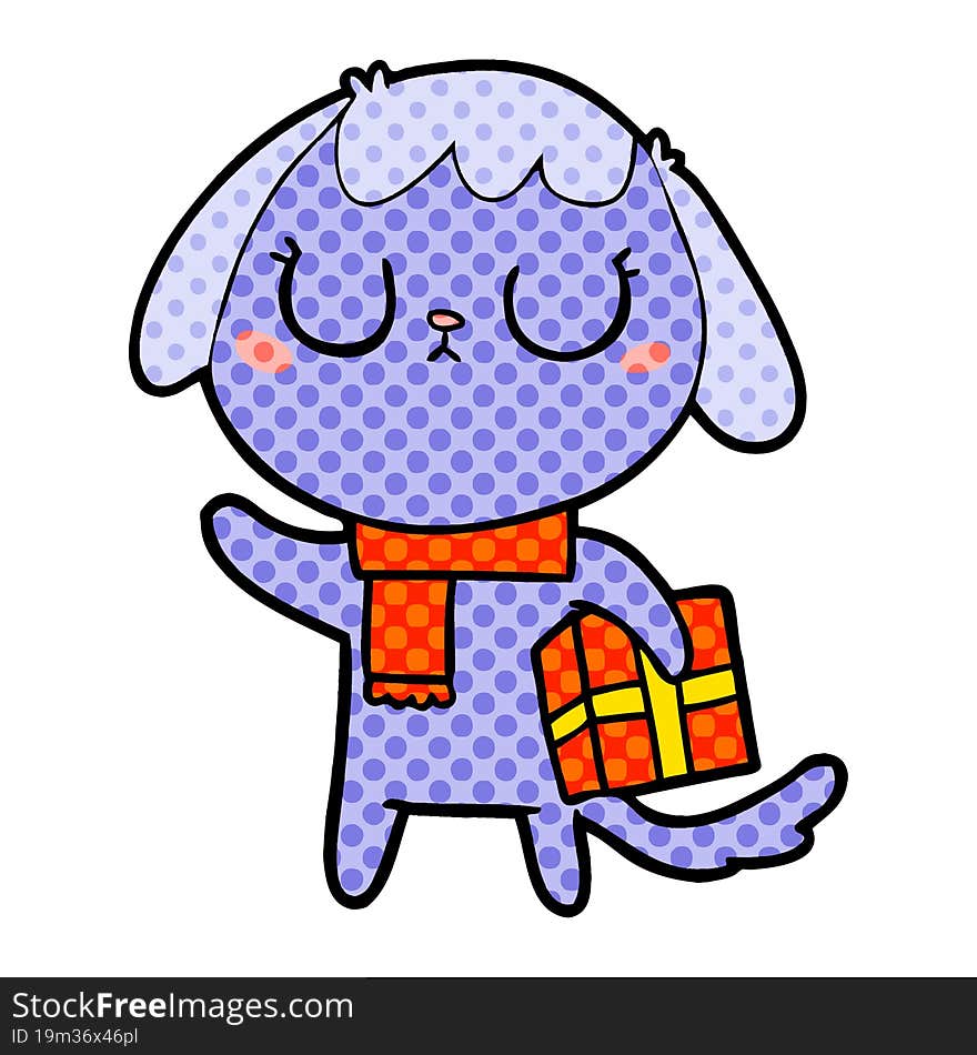 cute cartoon dog with christmas present. cute cartoon dog with christmas present