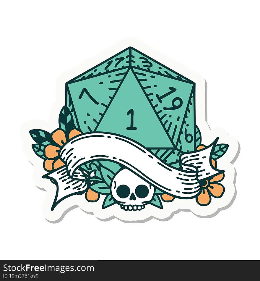 sticker of a natural one d20 dice roll. sticker of a natural one d20 dice roll