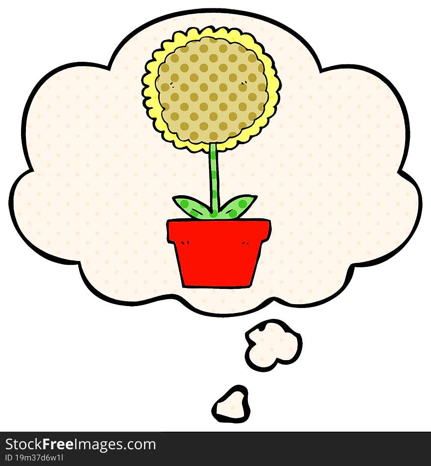 cute cartoon flower and thought bubble in comic book style