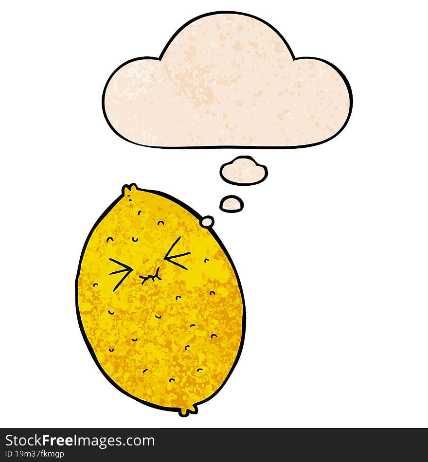 cartoon bitter lemon and thought bubble in grunge texture pattern style