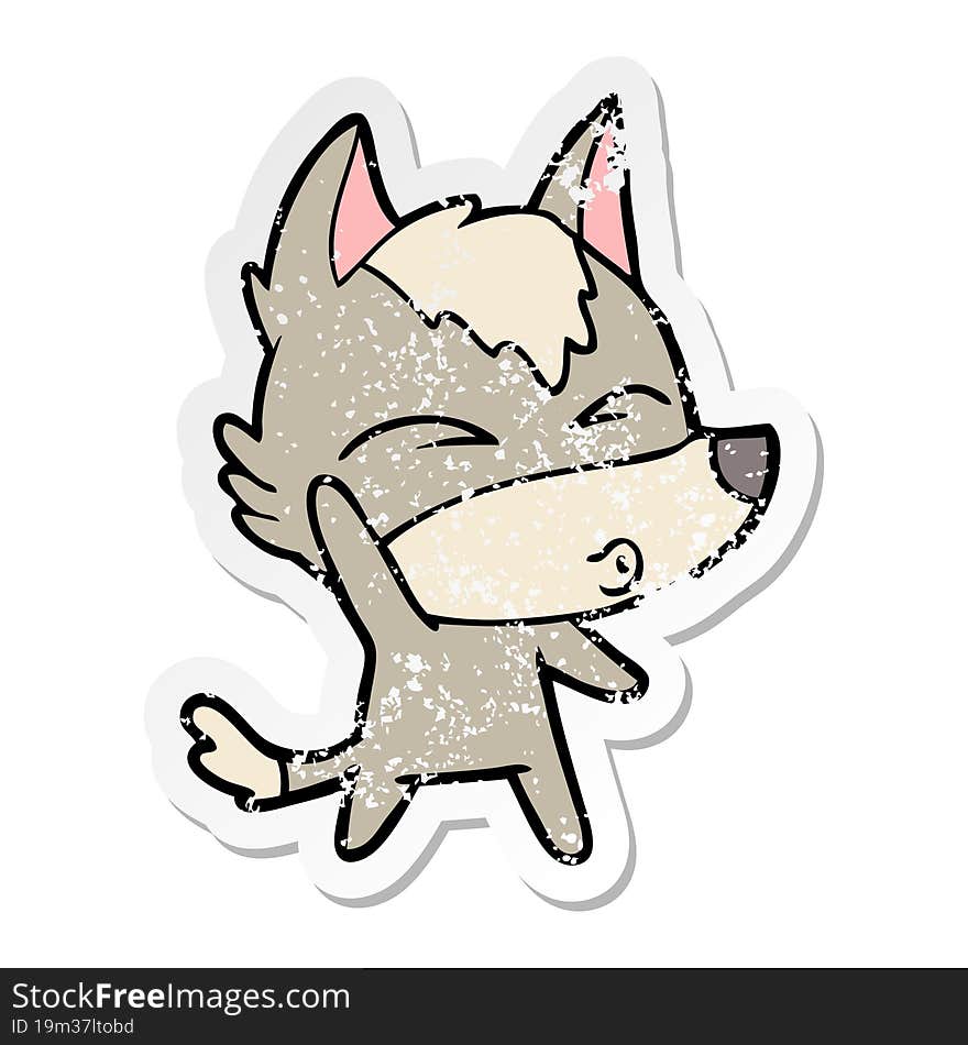 Distressed Sticker Of A Cartoon Waving Wolf Whistling