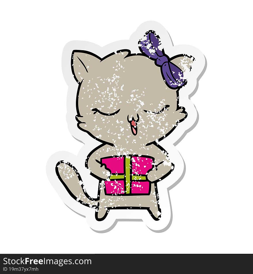 distressed sticker of a cartoon girl cat with christmas present