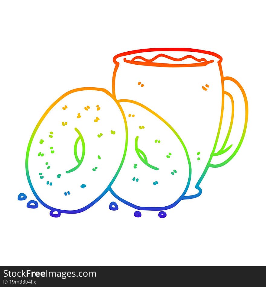 Rainbow Gradient Line Drawing Cartoon Coffee And Donuts