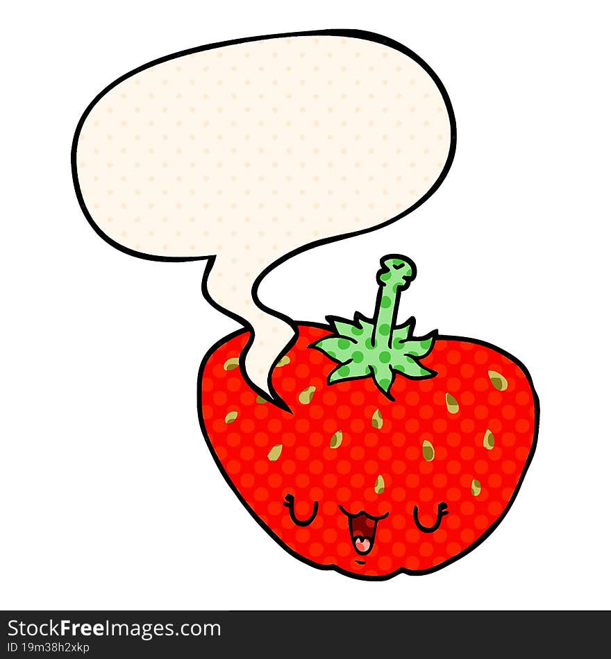 cartoon strawberry with speech bubble in comic book style