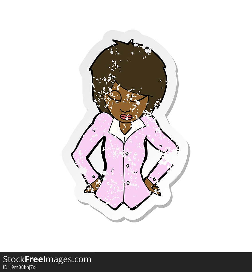 retro distressed sticker of a cartoon woman with hands on hips