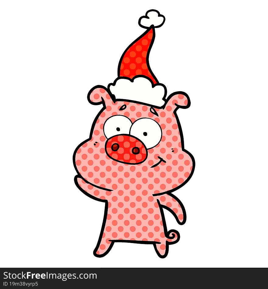 happy comic book style illustration of a pig wearing santa hat