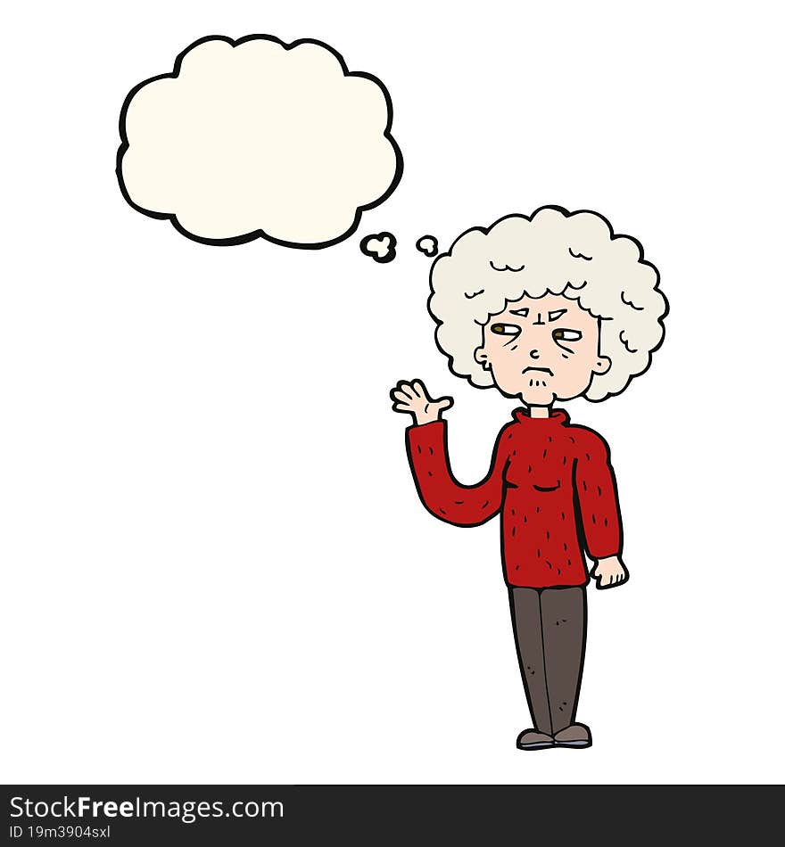 Cartoon Annoyed Old Woman Waving With Thought Bubble