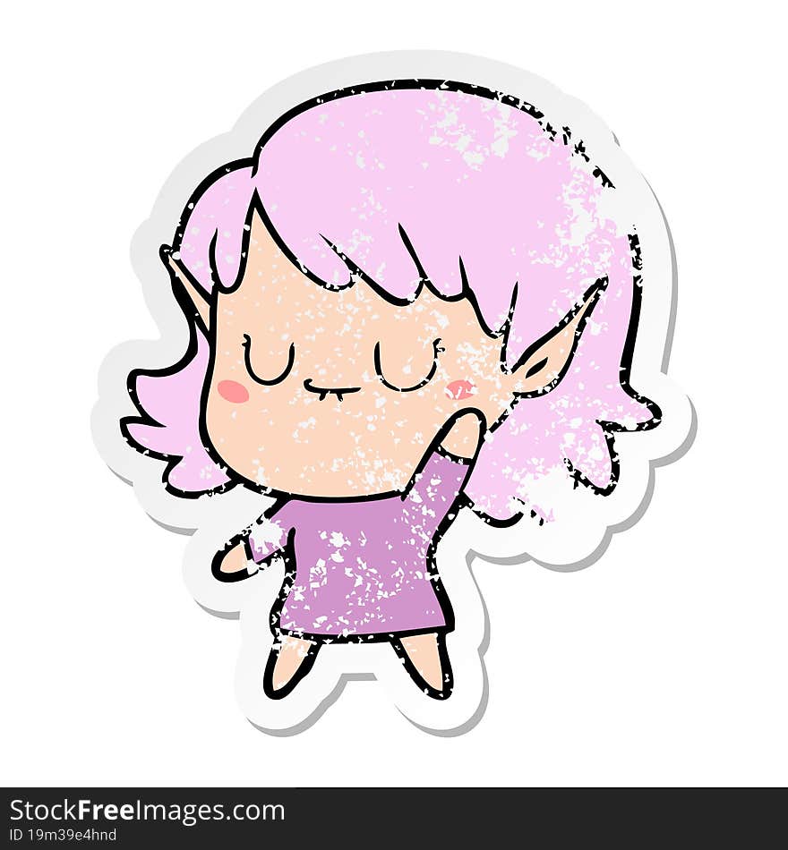 distressed sticker of a happy cartoon elf girl