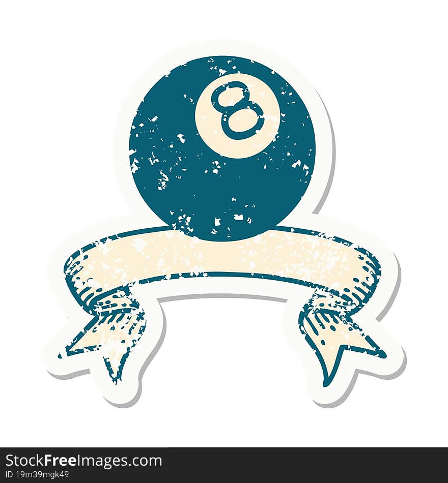 grunge sticker with banner of a 8 ball