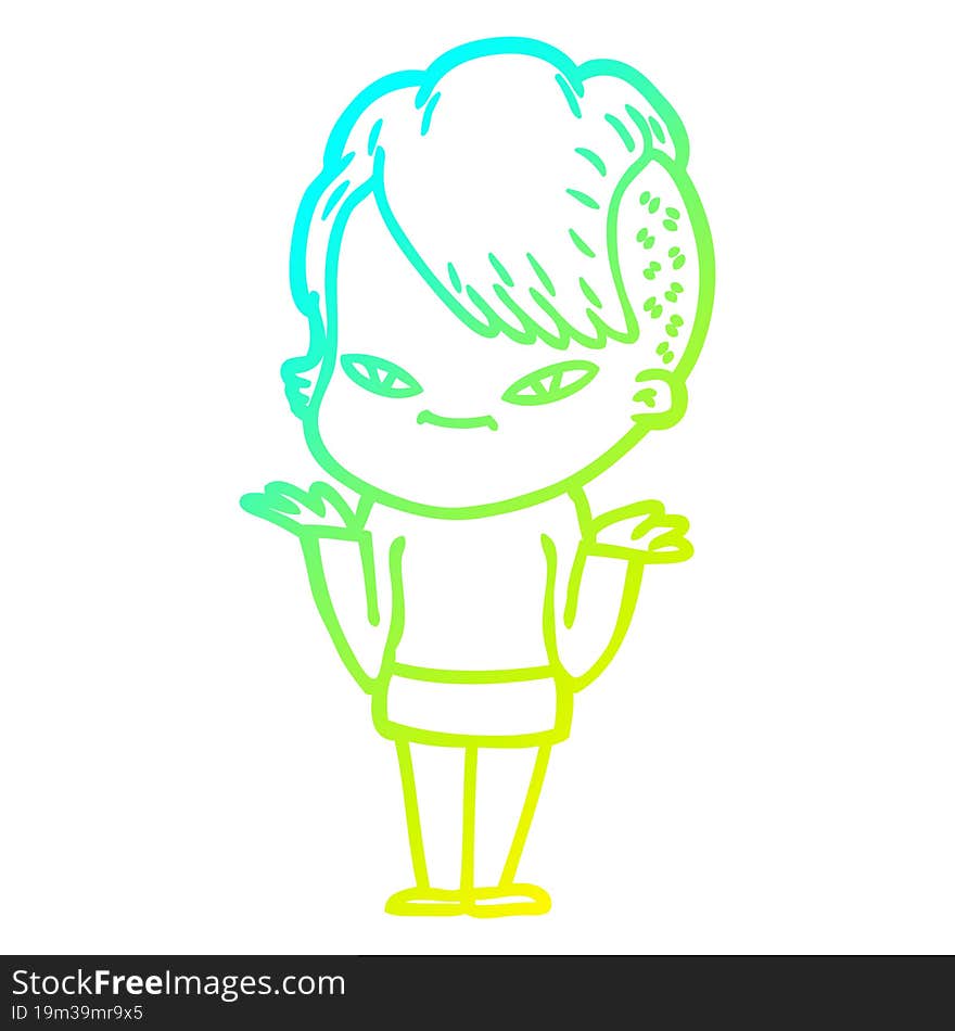 cold gradient line drawing of a cute cartoon girl with hipster haircut