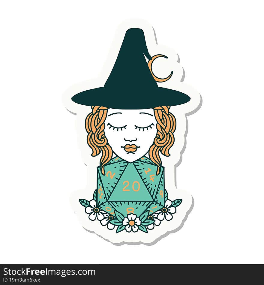 sticker of a human witch with natural twenty dice roll. sticker of a human witch with natural twenty dice roll