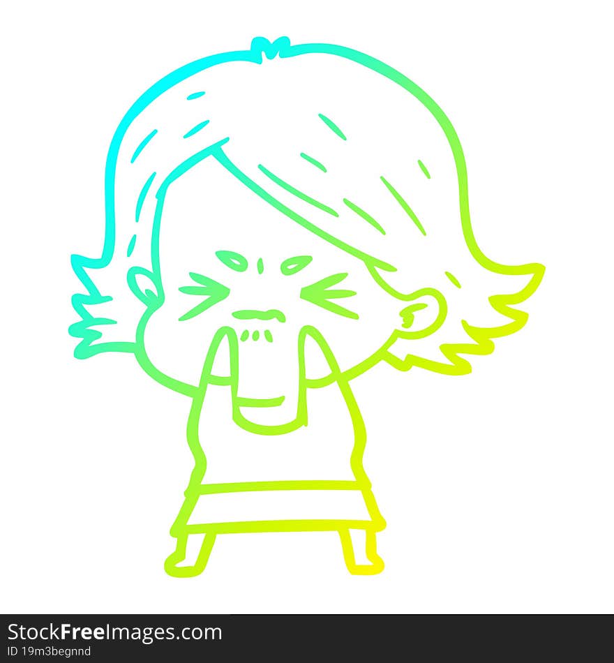 cold gradient line drawing of a cartoon angry woman