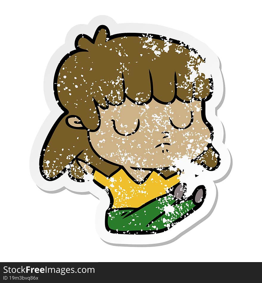 distressed sticker of a cartoon indifferent woman sitting