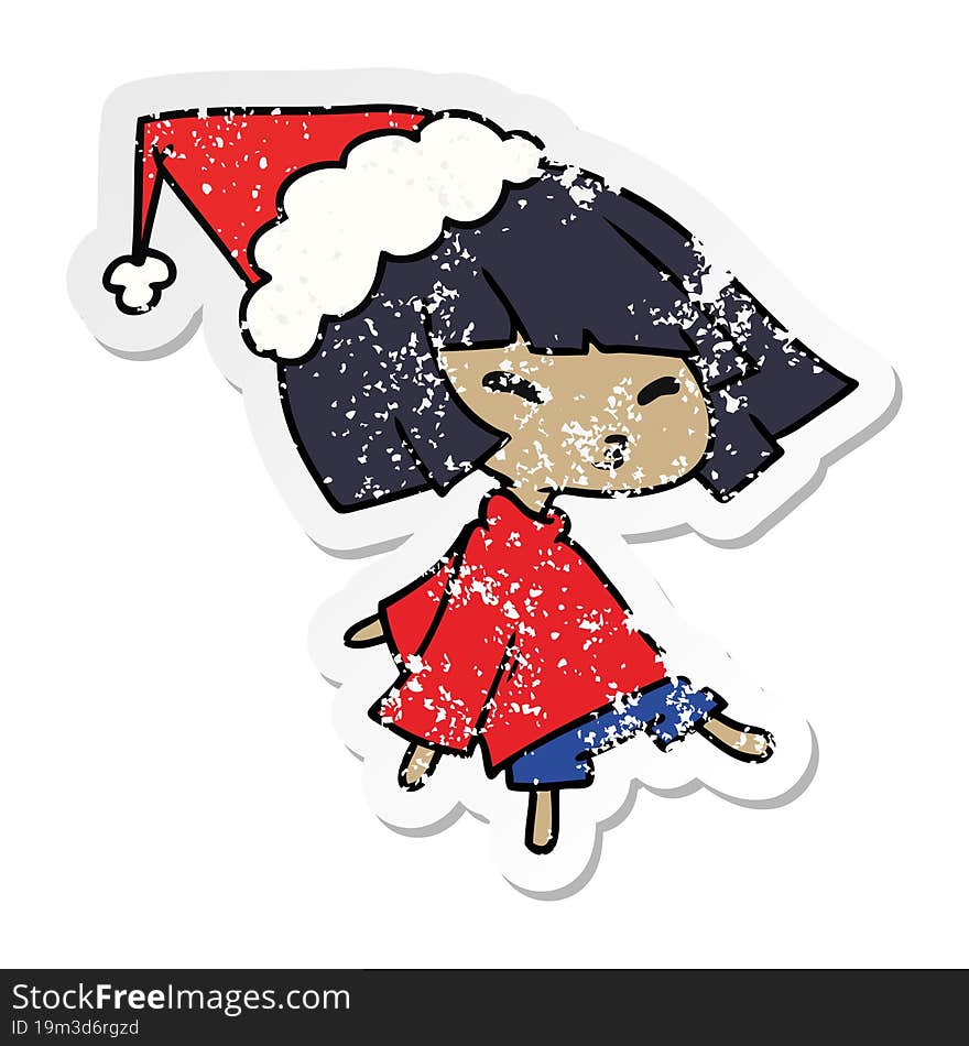 christmas distressed sticker cartoon of kawaii girl