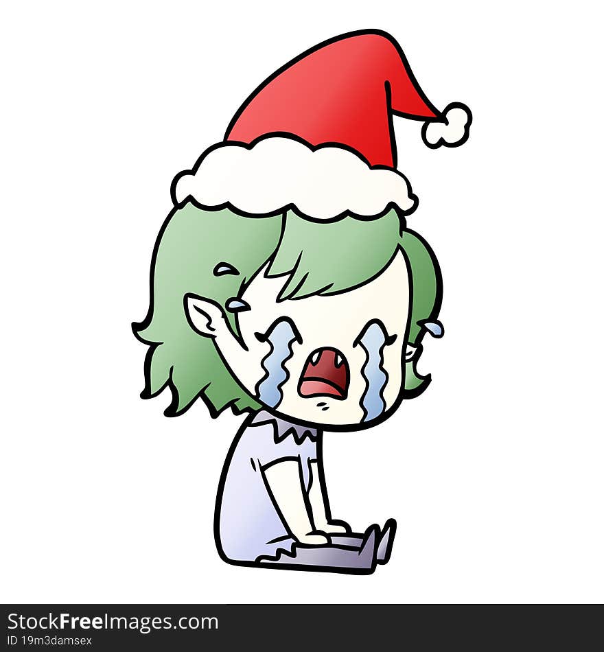 gradient cartoon of a crying vampire girl wearing santa hat