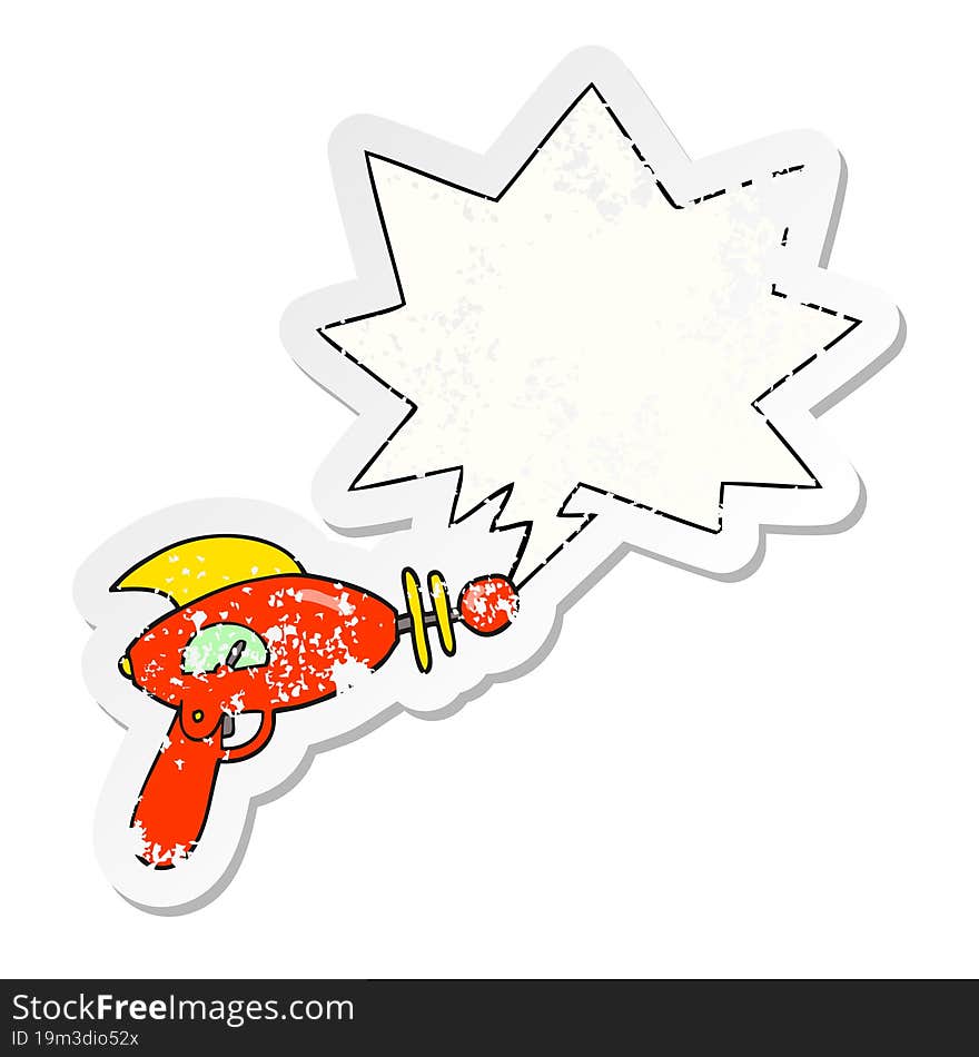 cartoon ray gun with speech bubble distressed distressed old sticker. cartoon ray gun with speech bubble distressed distressed old sticker