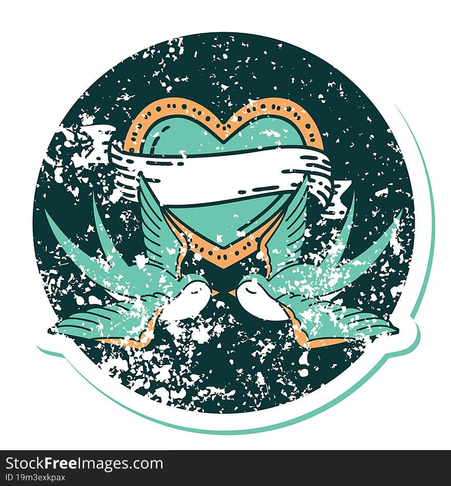 iconic distressed sticker tattoo style image of swallows and a heart with banner. iconic distressed sticker tattoo style image of swallows and a heart with banner