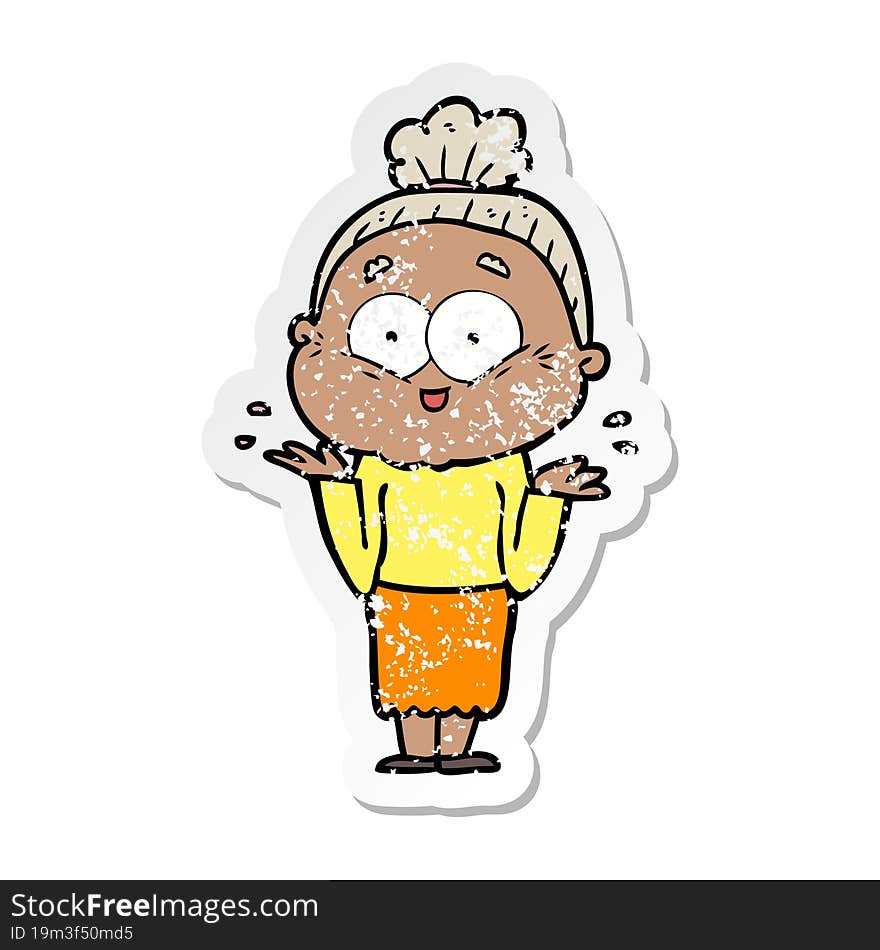 distressed sticker of a cartoon happy old woman