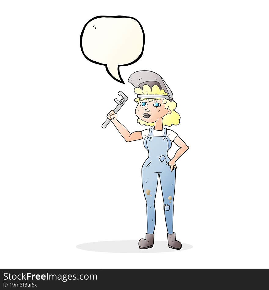 freehand drawn speech bubble cartoon capable woman with wrench