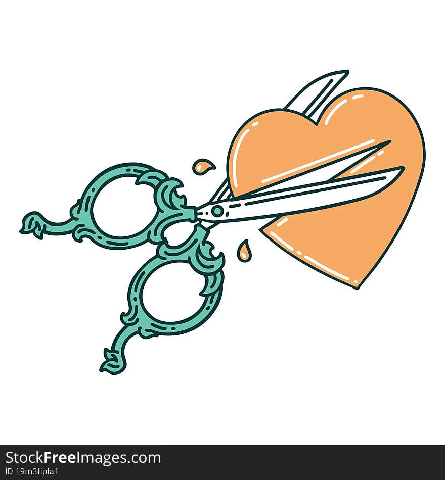 tattoo style icon of scissors cutting a heart