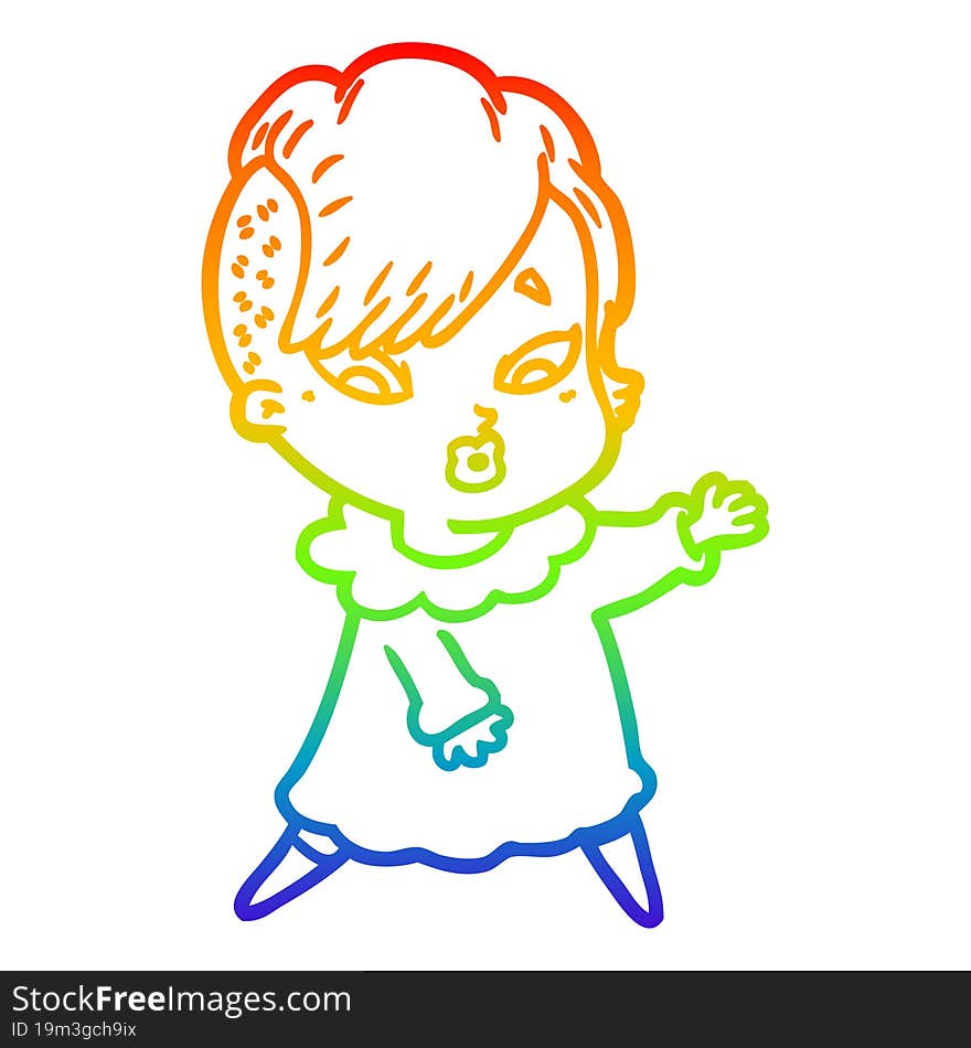 Rainbow Gradient Line Drawing Cartoon Surprised Girl