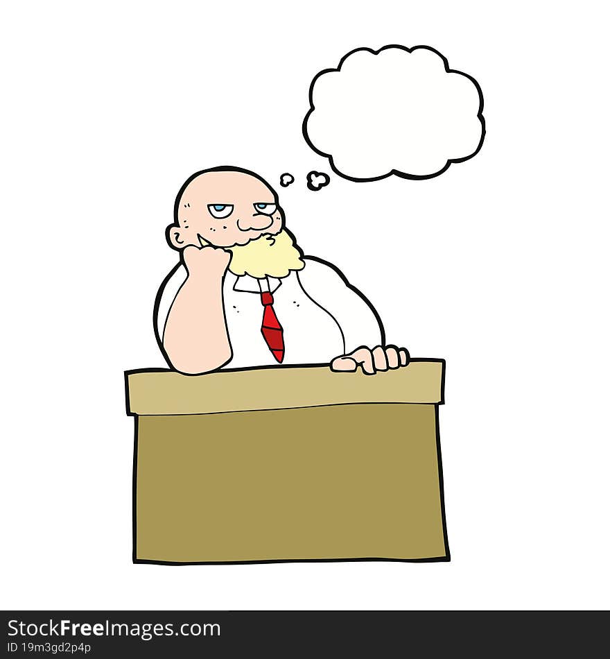 Cartoon Bored Man At Desk With Thought Bubble