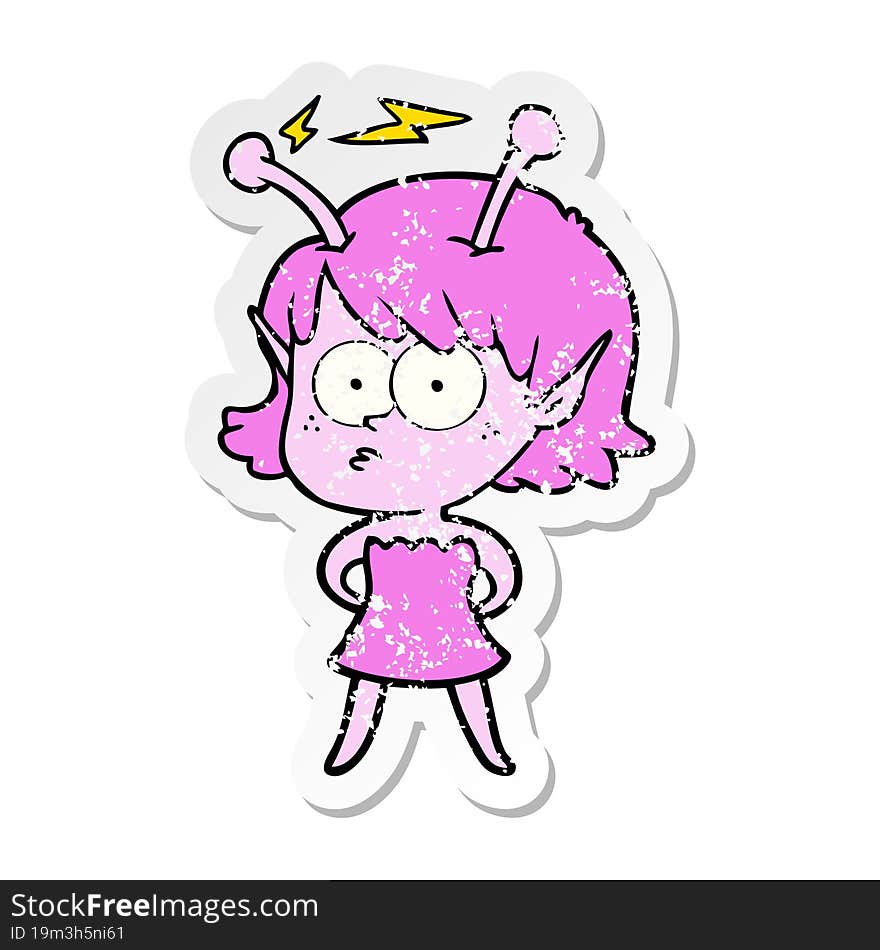 distressed sticker of a cartoon alien girl