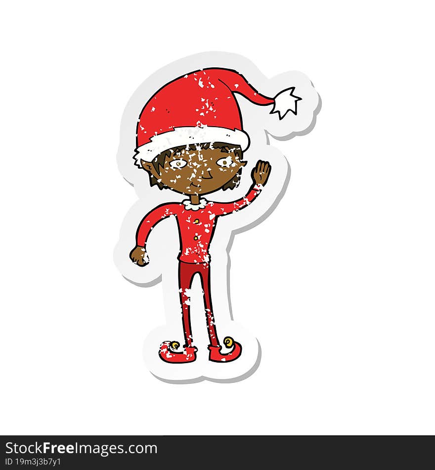 retro distressed sticker of a cartoon waving christmas elf