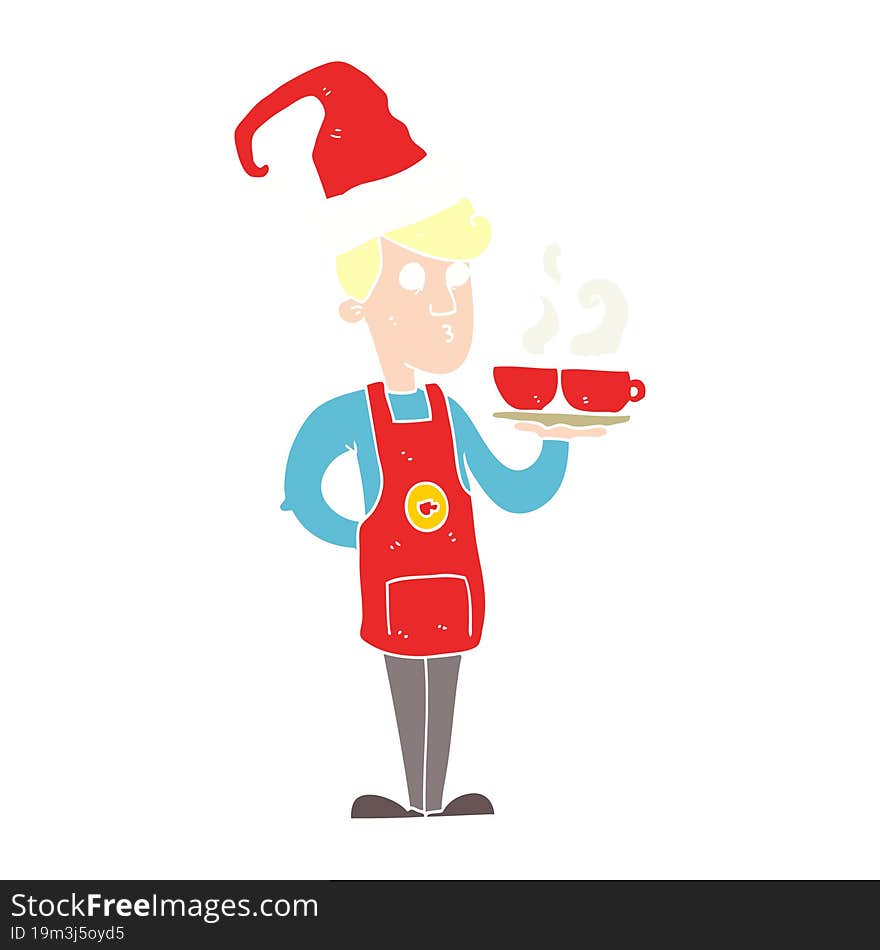 Flat Color Illustration Of A Cartoon Barista Serving Coffee At Christmas