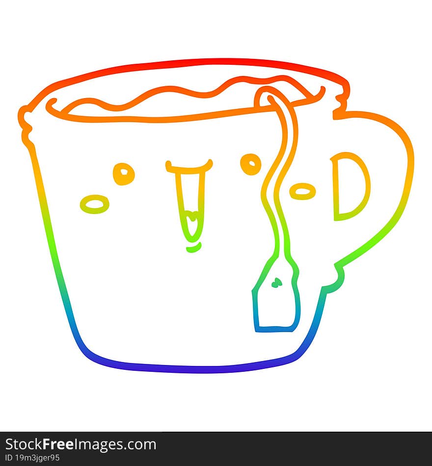 rainbow gradient line drawing of a cute cartoon coffee cup