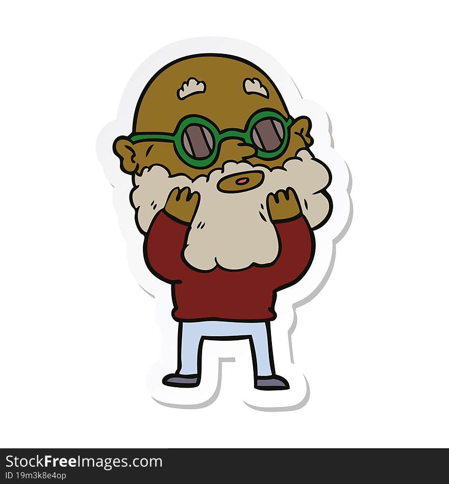 sticker of a cartoon curious man with beard and sunglasses