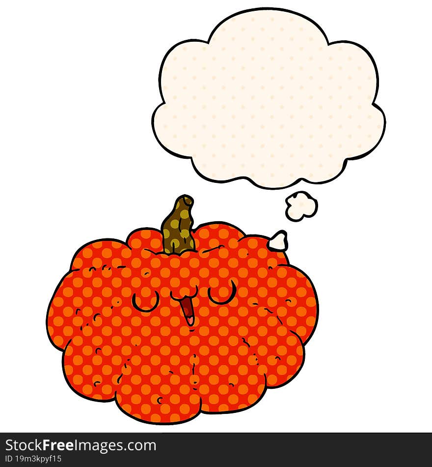 happy cartoon pumpkin and thought bubble in comic book style