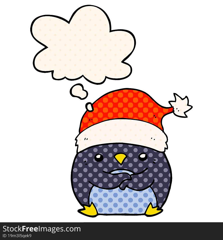 Cute Cartoon Penguin Wearing Christmas Hat And Thought Bubble In Comic Book Style